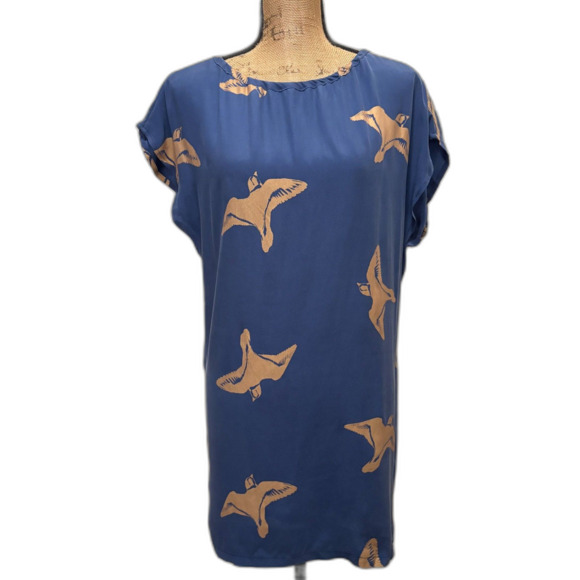 Koch 100% Silk Dolman Mini Dress Blue Gold Bird‎ Novelty Print Twee Size Medium - Picture 1 of 4